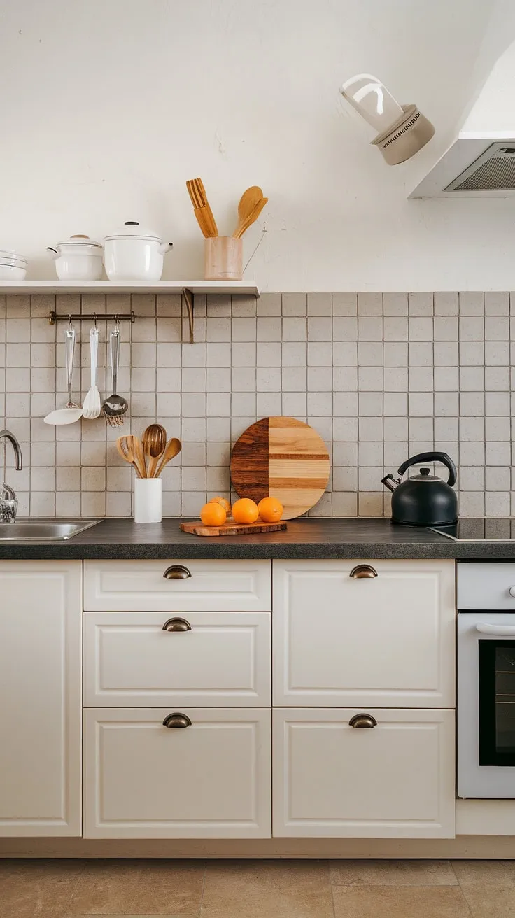 Clean lines, warm wood, and a pop of citrus: this Scandinavian kitchen is the epitome of understated elegance. The grey backsplash provides a sophisticated contrast to the white cabinets, while the dark countertop offers a practical and stylish workspace. A perfect blend of functionality and aesthetic appeal.
