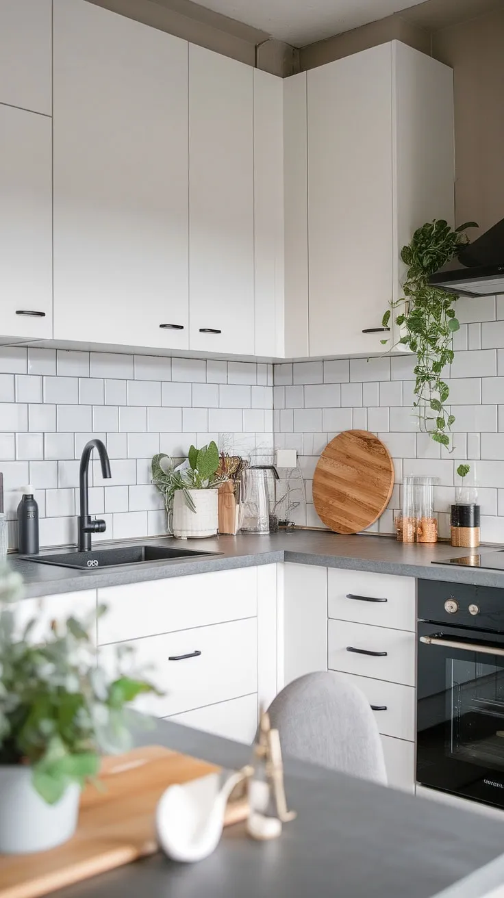 A minimalist Scandinavian kitchen, showcasing clean lines and a muted palette of white cabinets, grey countertops, and black appliances. The subtle addition of a wooden cutting board and potted plant brings warmth and a touch of nature to this functional space. A perfect example of understated elegance.