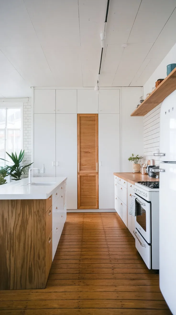 A serene and bright Scandinavian kitchen, showcasing the beauty of natural wood and minimalist design. The white appliances and cabinetry create a sense of spaciousness, while the wooden island and shelf add warmth and character. A calming oasis for culinary creativity.