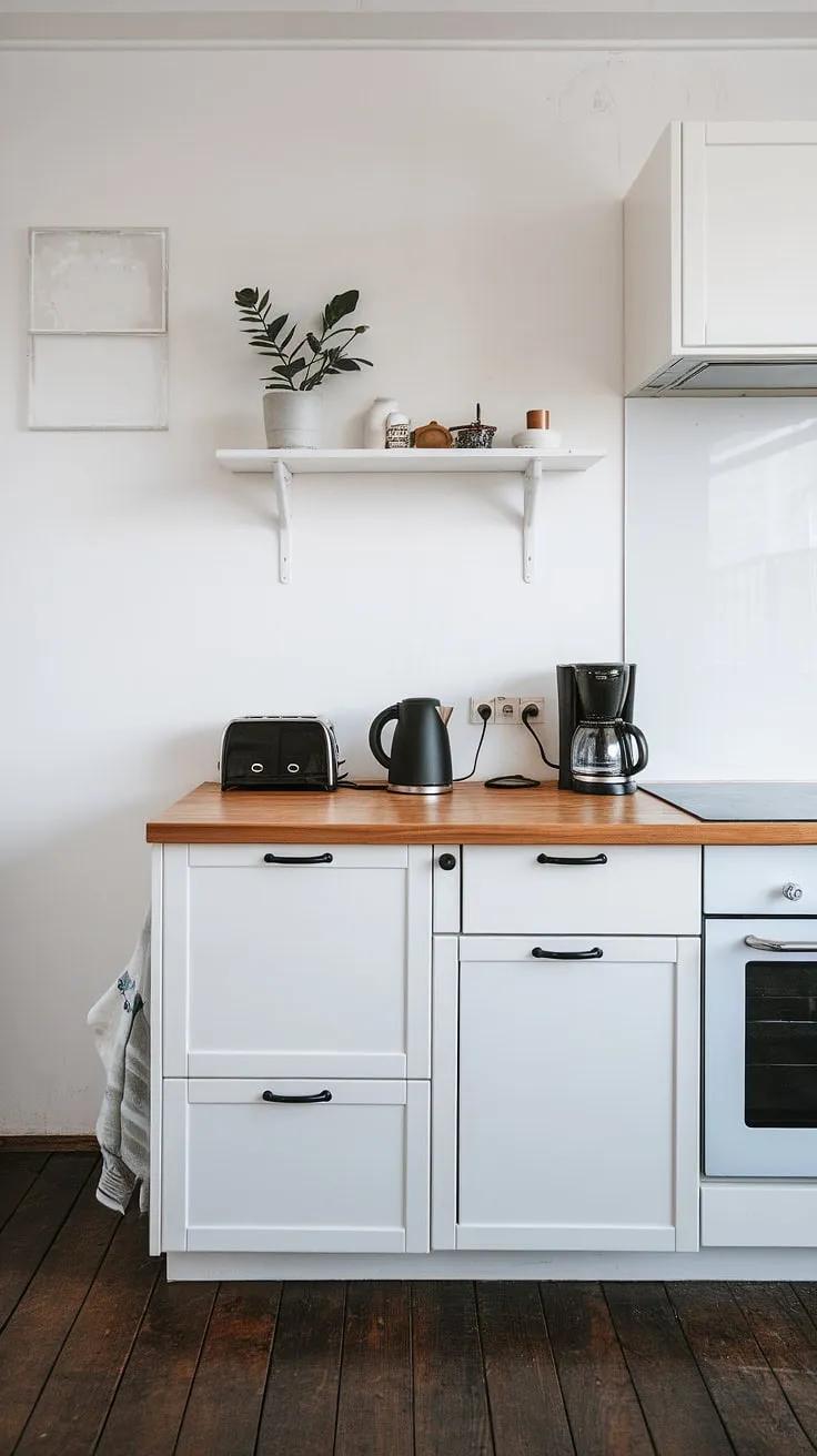 Clean lines, warm wood, and the comforting aroma of freshly brewed coffee-this Scandinavian kitchen is the epitome of minimalist design and functional beauty. The sleek appliances, including a black kettle and stylish toaster, add a touch of modern elegance against the backdrop of crisp white cabinets. A sense of calm permeates the space, making it the perfect place to start the day.