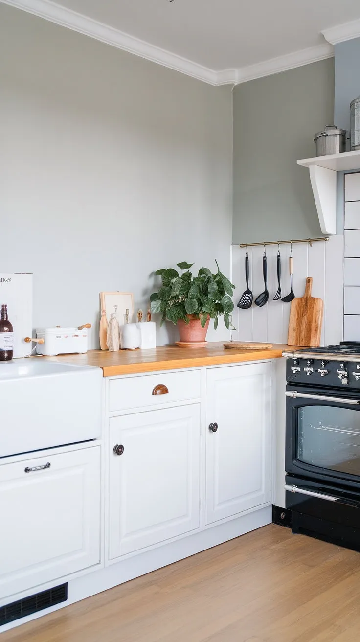 Clean lines, warm wood, and a touch of green: this Scandinavian kitchen is the perfect blend of minimalist design and functional beauty. The grey walls and white cabinets create a bright, airy space, while the wooden countertop and black stove add a touch of contrast and warmth. A simple yet stylish space where culinary creativity thrives.