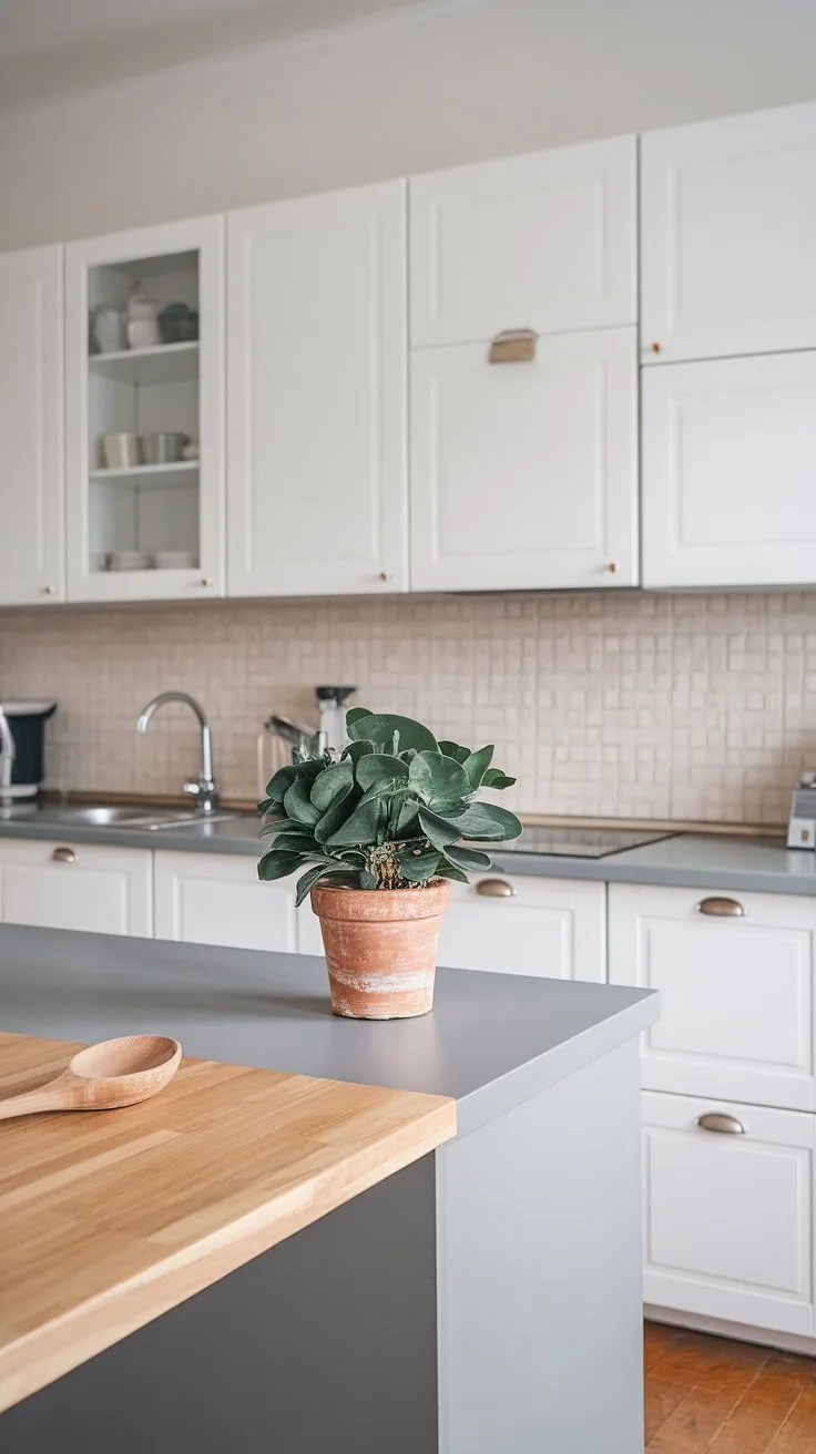 A calming sanctuary where functionality meets aesthetics. This modern Scandinavian kitchen, with its white cabinets, grey island, and textured backsplash, is a testament to understated elegance. The wooden countertop and potted plant add a touch of warmth, creating a space perfect for both cooking and relaxing. A single wooden spoon hints at the delicious possibilities within.