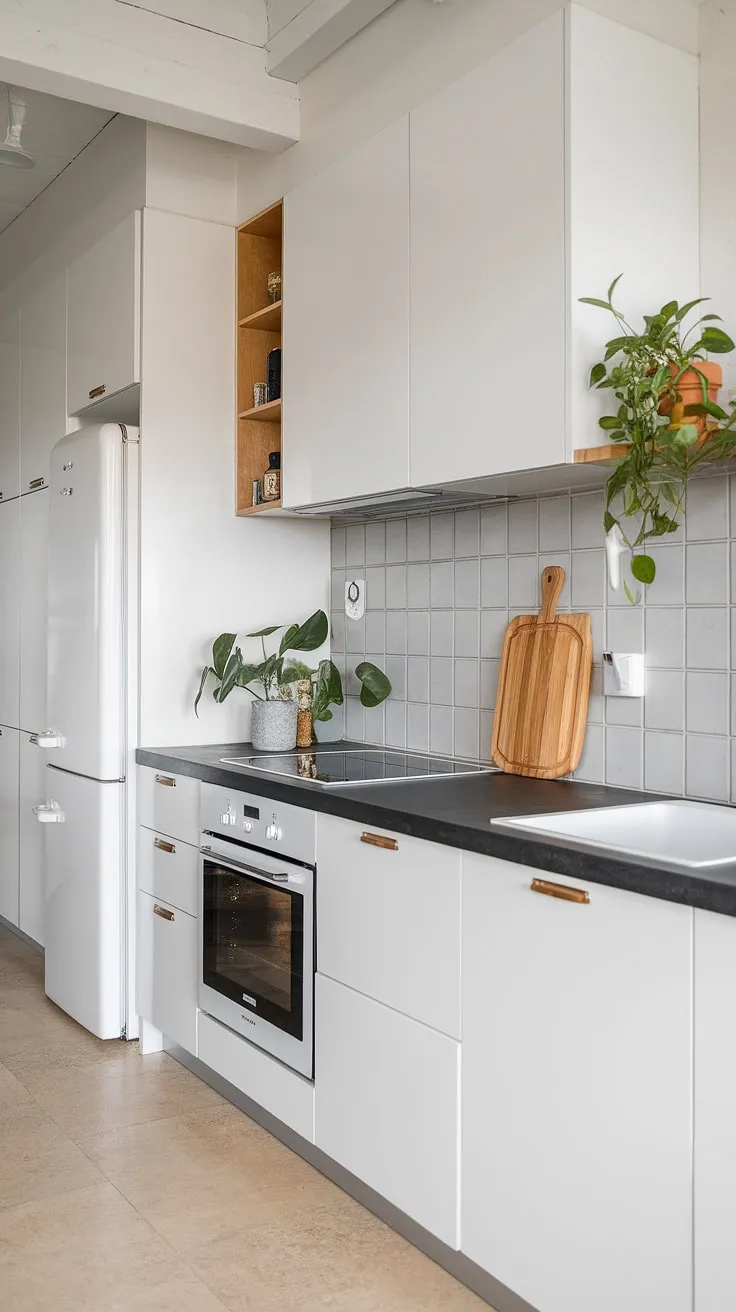 Clean lines and a touch of nature define this Scandinavian kitchen. The contrast of white cabinets, black countertops, and a grey backsplash creates a sophisticated yet calming atmosphere, perfectly complemented by the warmth of the wooden cutting board and a thriving potted plant. A minimalist design that's both functional and beautiful.