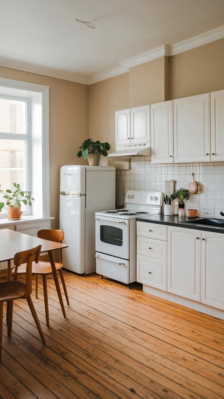 This kitchen is a study in understated Scandi style. The warm beige walls and wooden floor create a welcoming atmosphere, while the crisp white cabinets and black countertops offer a sophisticated contrast. A small, perfectly placed plant adds a touch of life to this serene and functional space.