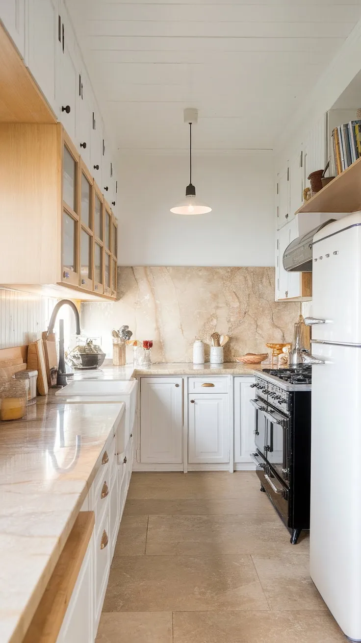This modern Scandinavian kitchen is a study in understated luxury. The pale wood, creamy marble countertops, and crisp white cabinets create a bright and airy space. The black stove adds a touch of sophisticated contrast, while the pendant light above provides a warm focal point. A dream kitchen, effortlessly chic.