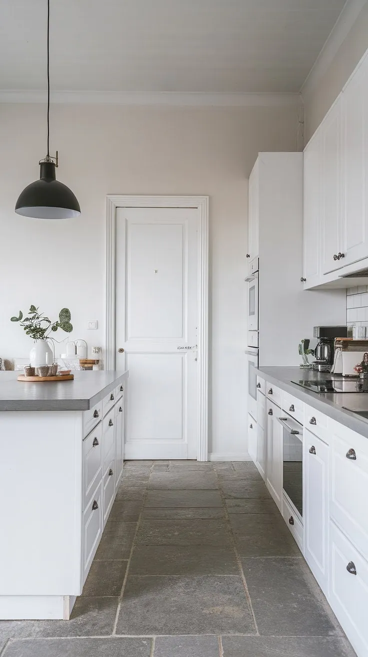 Clean lines and a calming palette define this Scandinavian kitchen. The grey countertop provides a subtle contrast to the crisp white cabinetry, while the black pendant light adds a touch of modern sophistication. A perfect blend of form and function, this space is effortlessly chic.