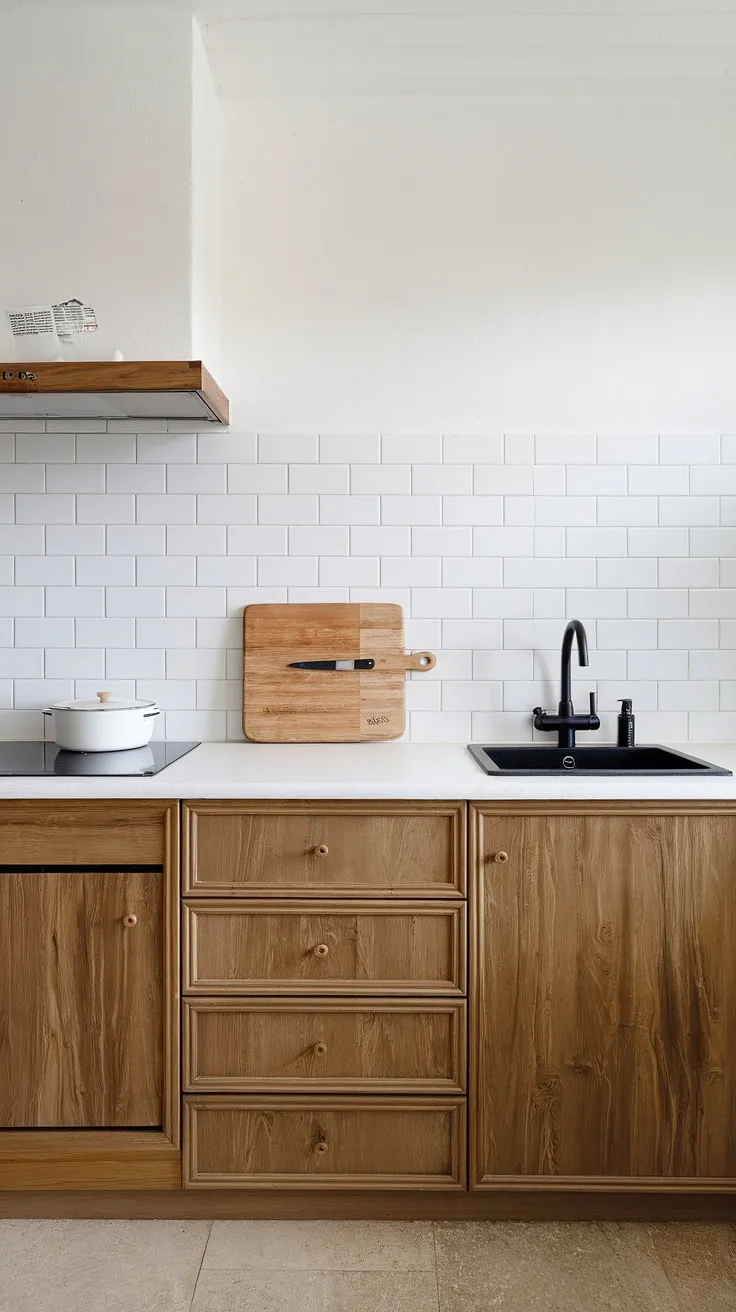 This modern Scandinavian kitchen is a study in understated sophistication. The pale beige tiles, white subway tile backsplash, and sleek black sink contrast beautifully with the rich tones of the wooden cabinetry. A single knife rests on the wooden cutting board, hinting at culinary adventures to come.