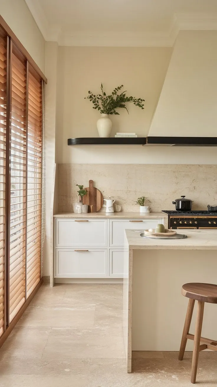 Sunlight streams through the wooden blinds, illuminating the calm elegance of this Scandinavian kitchen. The beige backsplash and white island, topped with cool marble, create a serene atmosphere, perfectly complemented by the simple wooden stool and a touch of greenery. A minimalist black shelf adds a subtle contrast.