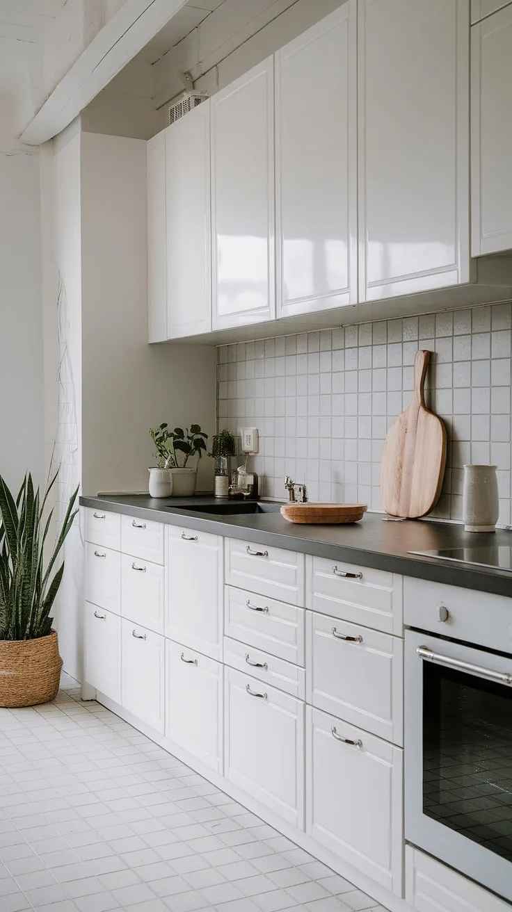 This bright and airy Scandinavian kitchen is a study in understated elegance. White cabinetry and porcelain tiles create a sense of spaciousness, while the black countertop and gray backsplash add depth and visual interest. A small potted plant brings a touch of life to the minimalist design, perfectly complementing the simple yet stylish cooking essentials.