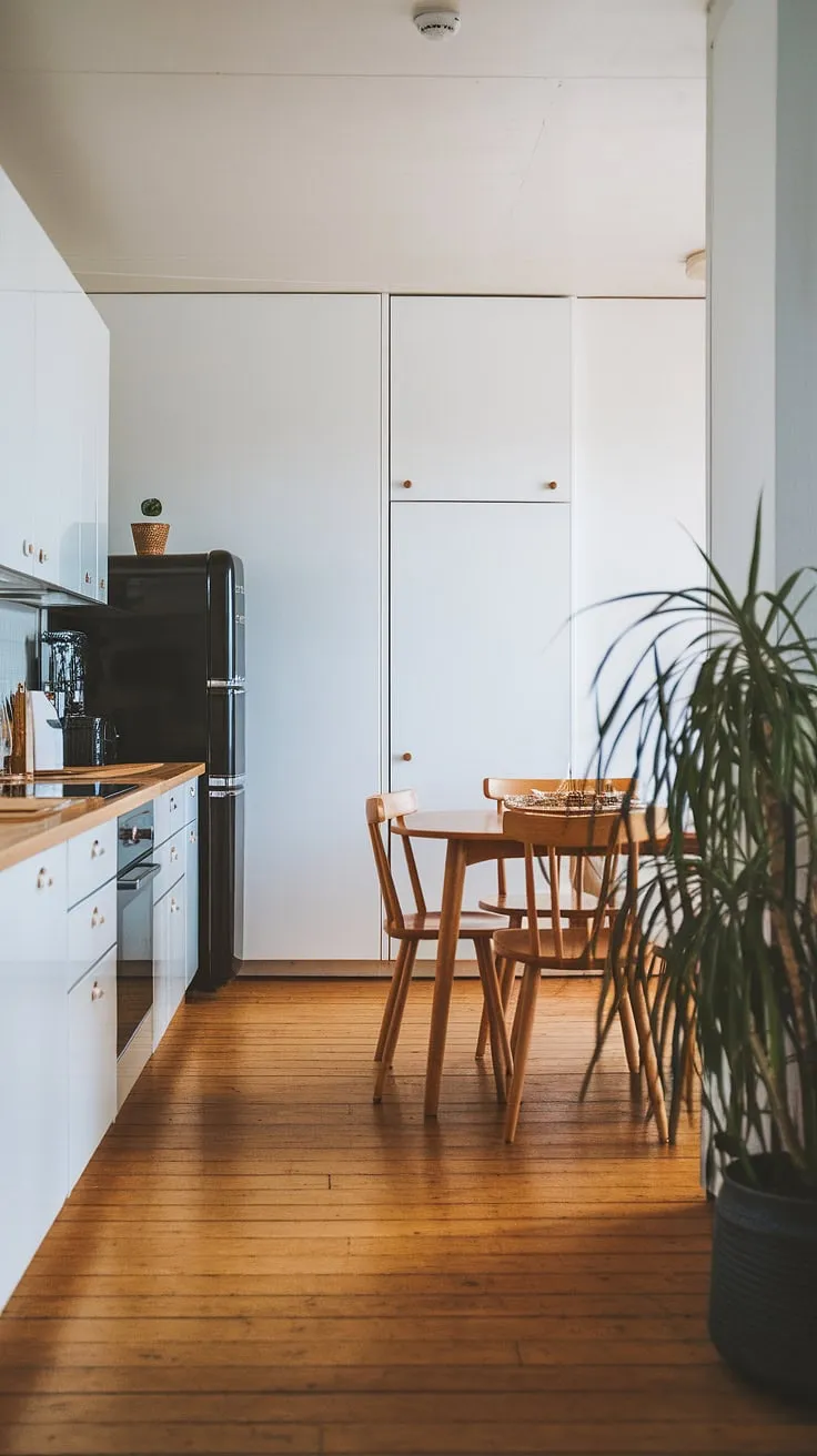 This bright and airy Scandinavian kitchen is the epitome of understated chic. A carefully curated collection of natural materials-wood, stone, and greenery-create a space that is both functional and inviting. The clean white cabinets and black appliances provide a sophisticated backdrop to the rustic wooden table and chairs, making it the perfect place to gather and connect. A feeling of serenity and simplicity fills every corner.