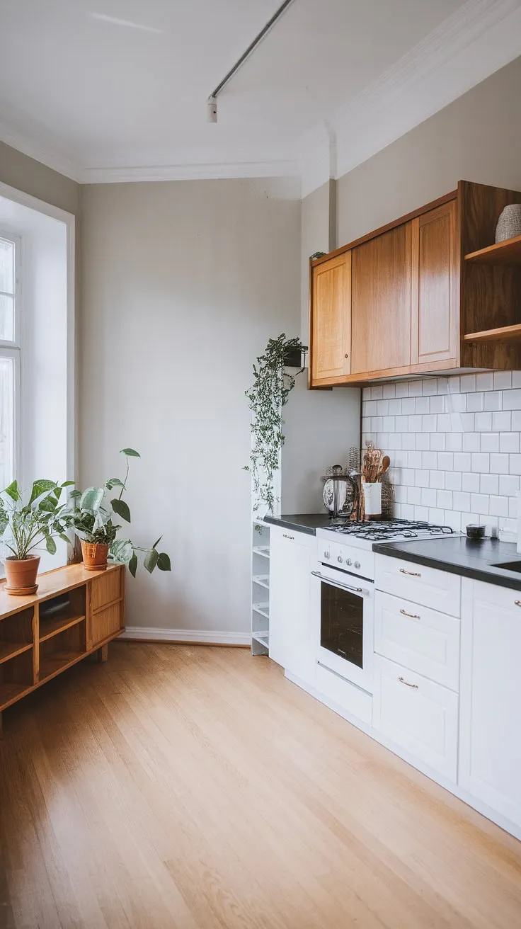 This light-filled Scandinavian kitchen seamlessly blends functionality and style. The combination of white cabinetry, dark countertops, and natural wood accents creates a calming and inviting atmosphere. A perfect example of how simple design can be incredibly impactful.