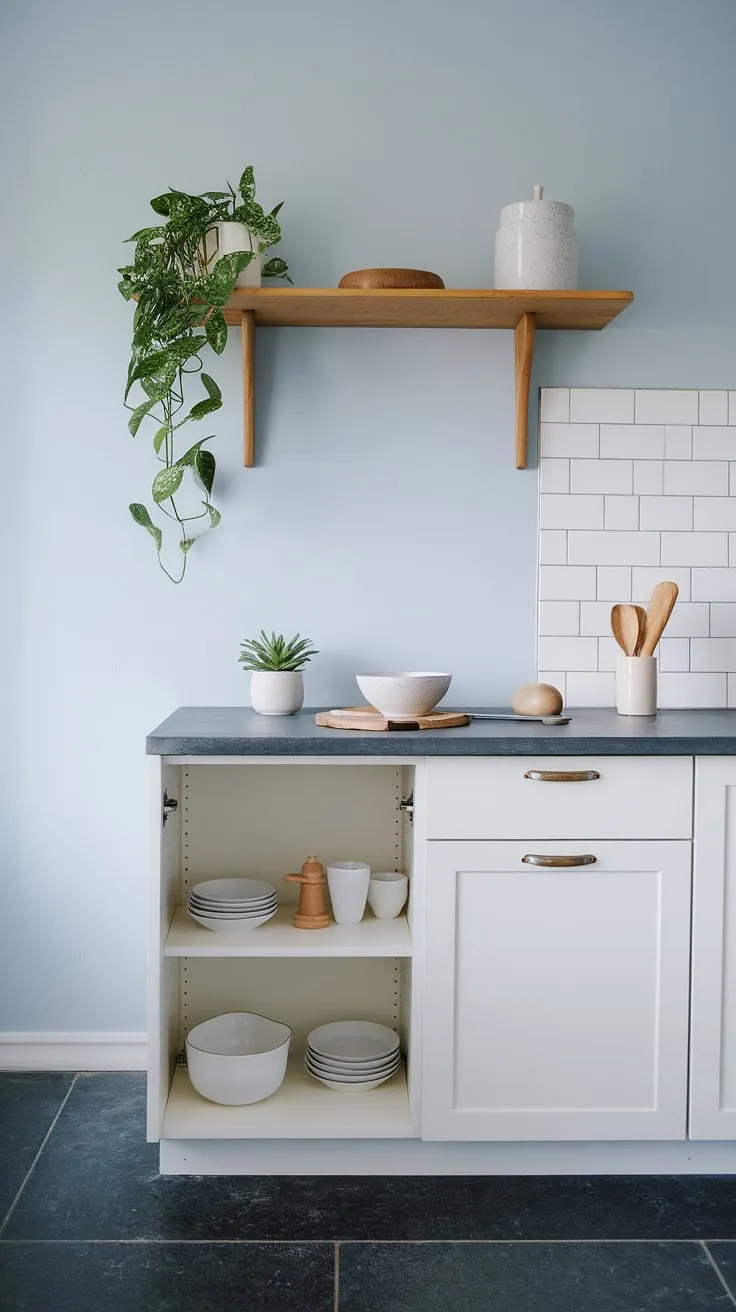 This Scandinavian kitchen is a study in understated elegance. The pale blue walls and dark grey floor provide a calming contrast to the clean white cabinets and warm wood accents. Simple yet sophisticated, this design prioritizes functionality and a sense of calm, creating a space that is both beautiful and practical.