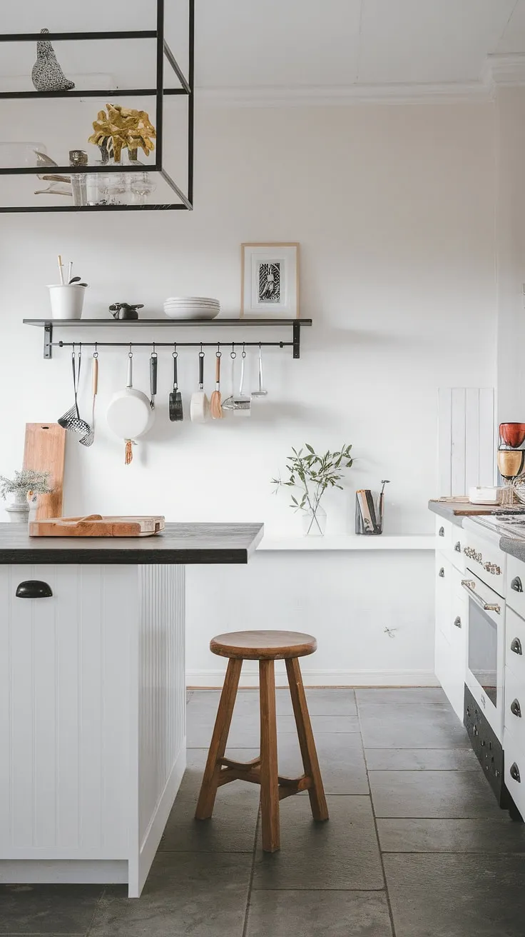 Clean lines, dark accents, and functional design define this Scandinavian kitchen. The black countertop of the island provides a striking contrast against the white cabinetry, while the wooden stool adds a touch of warmth. A simple yet stylish space, perfect for both everyday cooking and entertaining.