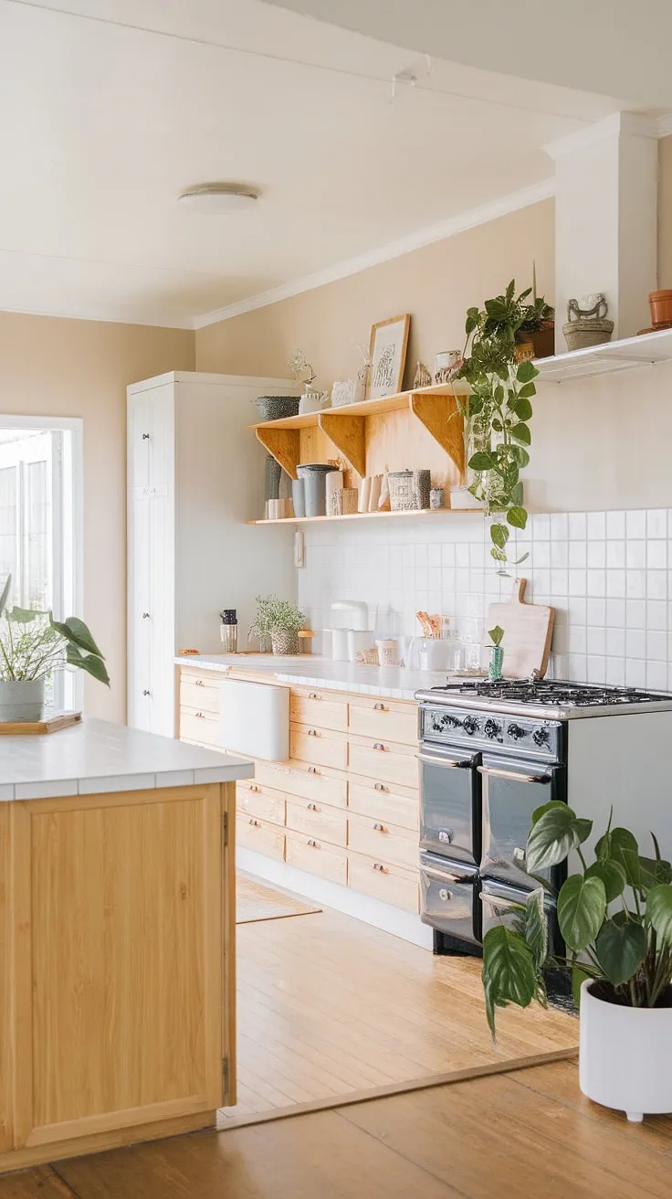 Sunlight streams into this airy Scandinavian kitchen, highlighting the warm wood cabinetry and crisp white countertops. The black stove adds a touch of modern contrast, while the greenery brings life and warmth to the space. A perfect blend of minimalist design and inviting comfort.