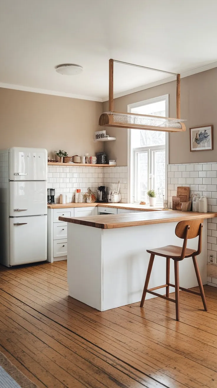 This minimalist Scandi kitchen is a study in understated elegance. The neutral beige walls and white cabinetry create a bright, airy space, while the natural wood of the island countertop and chair introduce warmth and texture. A perfect blend of functionality and style, this kitchen is a dream for anyone who appreciates clean lines and simple beauty.