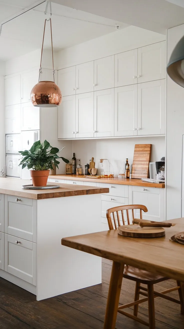 Clean lines and natural materials define this modern Scandinavian kitchen. The white cabinetry and wood accents create a calming atmosphere, perfect for preparing meals and sharing them at the inviting wooden dining table. A touch of greenery adds life to this minimalist haven.