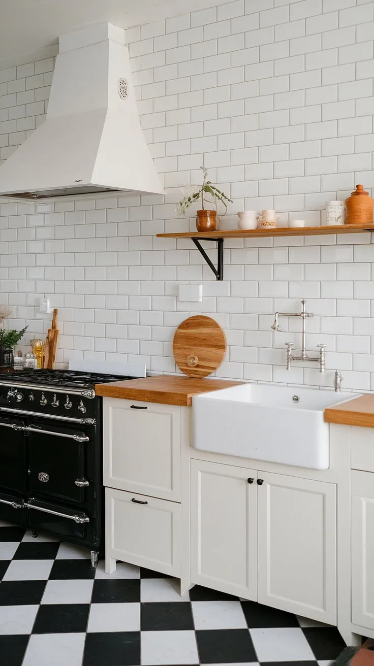 Clean lines, warm wood, and a touch of classic charm define this Scandinavian kitchen. The white subway tile backsplash and farmhouse sink create a bright and airy feel, perfectly complemented by the black stove and checkered floor. A simple wooden shelf adds a touch of personality.