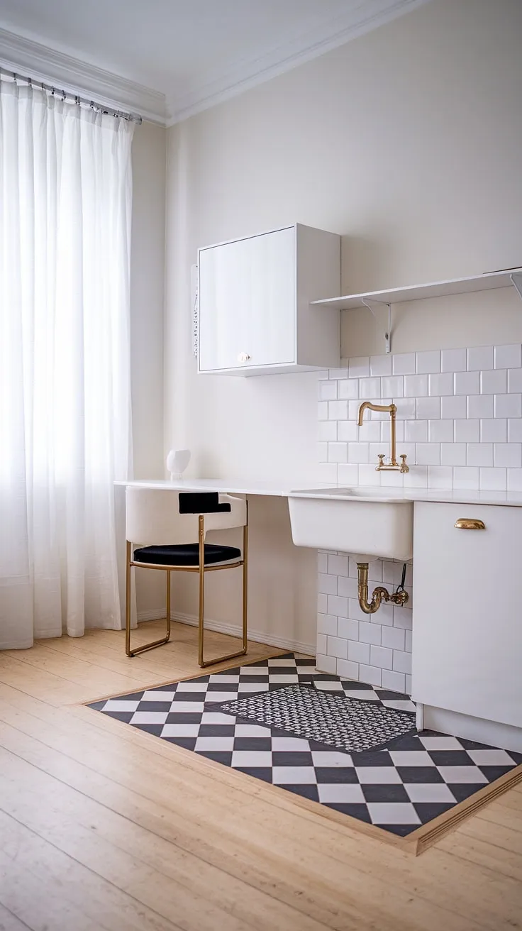 Clean lines and a touch of gold define this Scandinavian kitchen's minimalist aesthetic. The black and white checkerboard floor adds a playful contrast to the otherwise serene space, perfectly complemented by the white cabinetry and A sophisticated gold faucet.