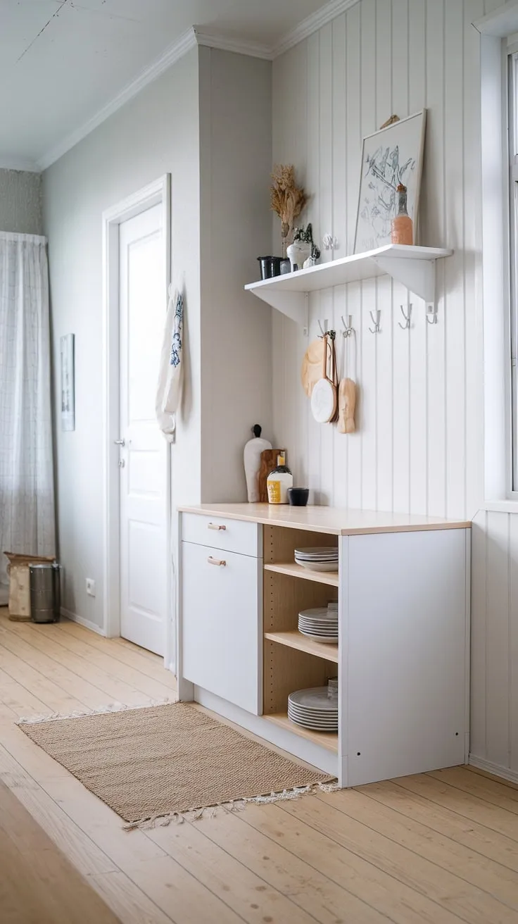 Light floods this minimalist Scandinavian kitchen, highlighting the warm tones of the light wood floor and the clean lines of the white cabinetry. A small rug adds a touch of texture and warmth, while the floating shelf displays carefully curated a decorative objects, reflecting a sense of calm and understated elegance.