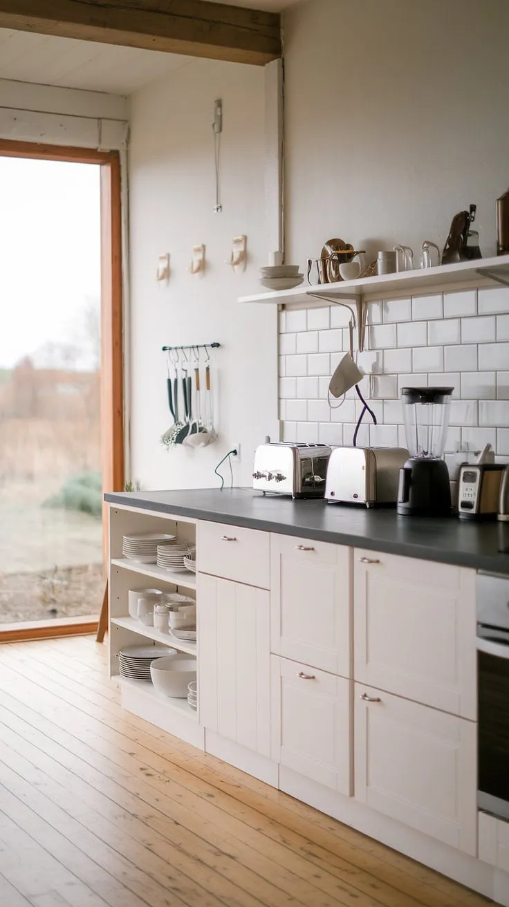 Clean lines and natural light define this Scandinavian kitchen. The white cabinets, black countertop, and warm wooden floors create a harmonious blend of textures and tones. Practical yet stylish, this space effortlessly combines functionality with understated elegance, making it the perfect place to start the day.
