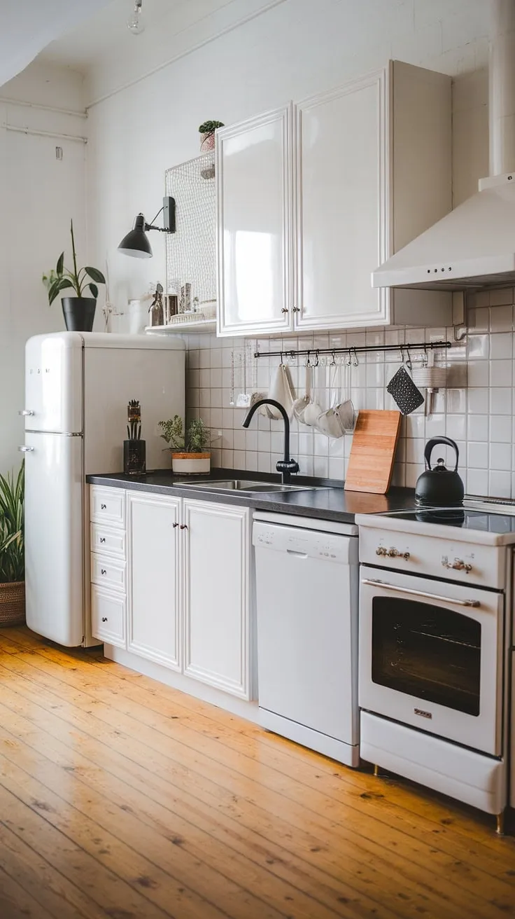 Clean lines and warm wood define this Scandinavian kitchen, a haven of minimalist design where functionality meets aesthetic appeal. The black accents, from the countertops to the kettle, add a touch of sophisticated contrast against the bright white cabinetry, creating a space that's both calming and inspiring. A perfect blend of form and function, this kitchen is a testament to the enduring elegance of Scandinavian style.