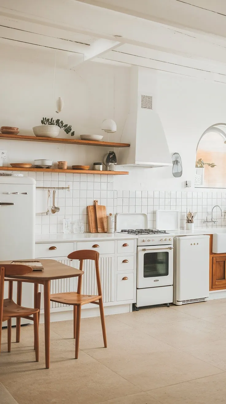 A bright, airy Scandinavian kitchen, where functionality meets minimalist design. The white cabinetry and wooden accents create a serene atmosphere, perfect for preparing meals and enjoying quiet moments. A space that effortlessly blends style and practicality.
