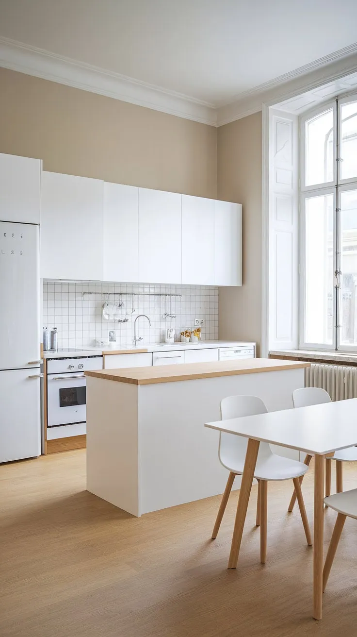 Clean lines and natural light define this Scandinavian kitchen, where minimalist design meets warmth. The light wood accents, paired with crisp white cabinetry and appliances, create a serene and functional space, perfect for everyday living and effortless entertaining. A sense of calm pervades, reflecting the essence of Scandinavian design.