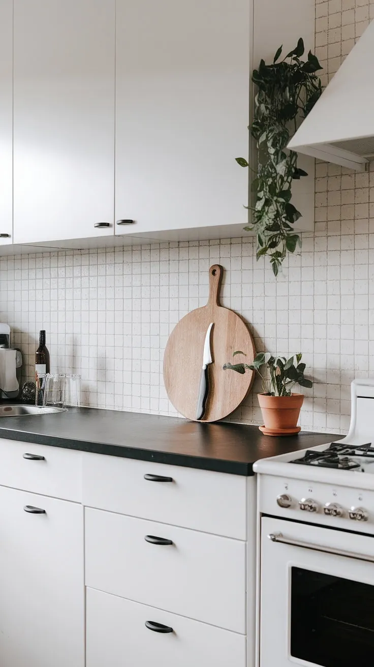 Clean lines, calm tones, and a touch of nature. This Scandinavian kitchen is the epitome of minimalist design, where functionality meets understated elegance. The black countertop provides a striking contrast to the white cabinets, creating a sophisticated space perfect for culinary creativity. A simple wooden cutting board and knife, alongside a vibrant potted plant, add warmth and personality to this serene a haven.
