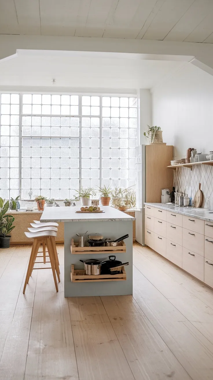This bright and airy Scandinavian kitchen is a testament to clean lines and natural materials. The light wood floors and cabinetry complement the grey island and marble countertop beautifully. A peaceful haven where simple pleasures, like preparing a meal, become moments of mindful enjoyment.