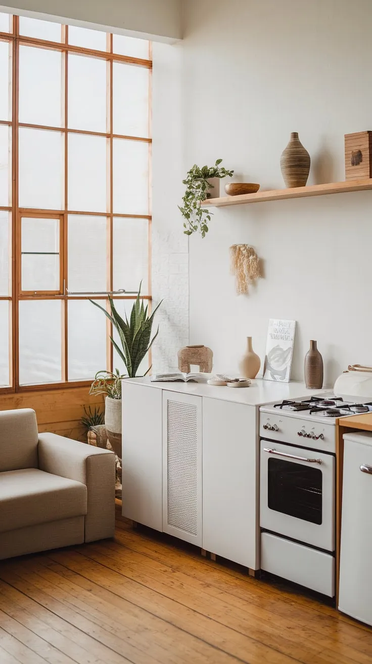 This modern Scandinavian kitchen is a haven of calm. The airy space, filled with natural light, is perfectly balanced with warm wooden accents and a comfortable beige sofa. Simple yet stylish, the design showcases a refined aesthetic, where functionality meets understated elegance. Every detail, from the white countertop to the wooden shelf, contributes to the overall sense of serenity.