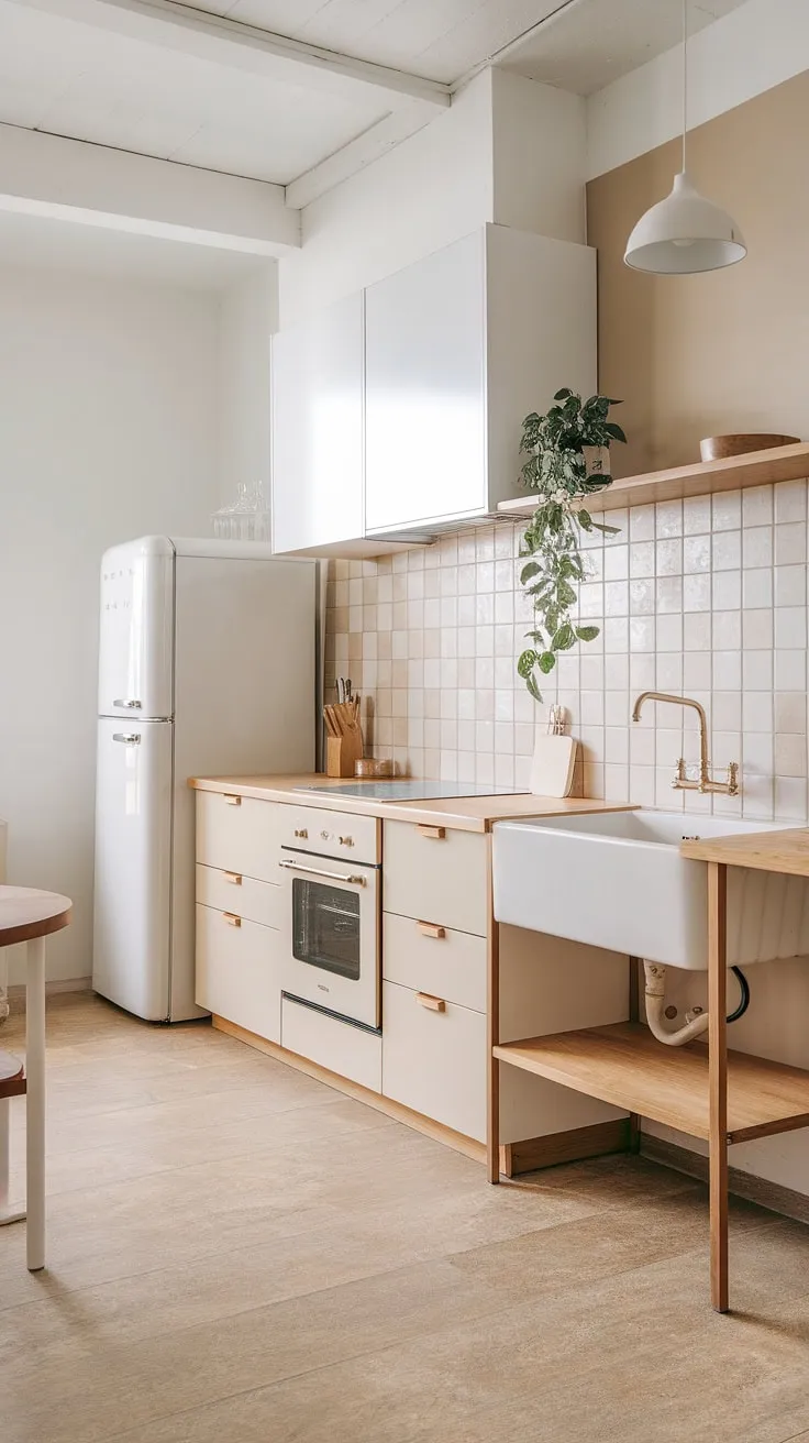 Clean lines and natural light define this minimalist Scandinavian kitchen. The warm wood tones of the countertop and shelving, contrasted with the crisp white cabinetry and beige appliances, create a serene and functional space. A simple, yet stylish pendant lamp illuminates the sink, completing the effortlessly chic aesthetic. A touch of greenery adds a vibrant element to this calming sanctuary.