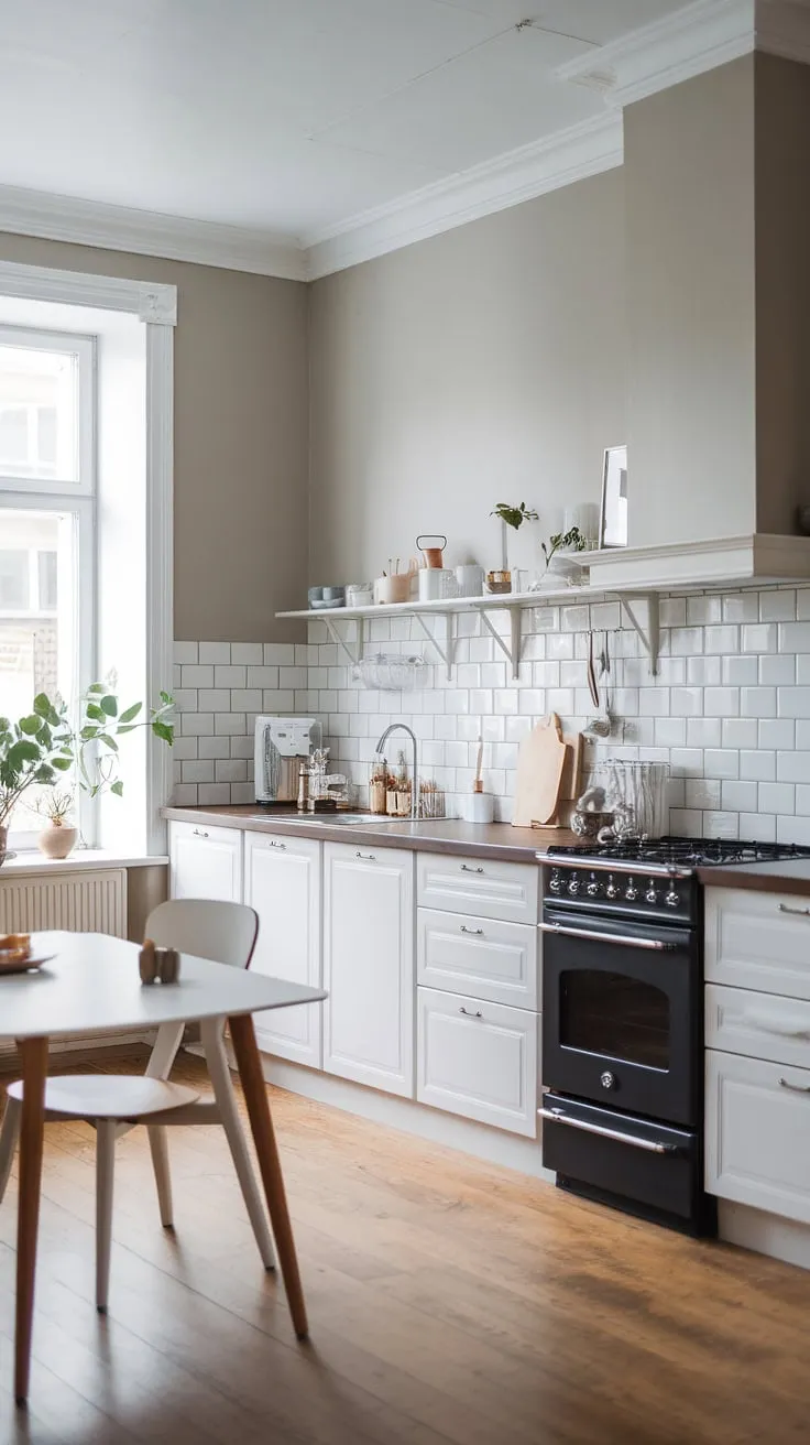 Clean lines, dark wood accents, and a touch of green: this Scandinavian kitchen is the epitome of minimalist chic. The perfect blend of functionality and understated elegance creates a space that's both calming and inspiring. A simple yet stylish setting for everyday moments.