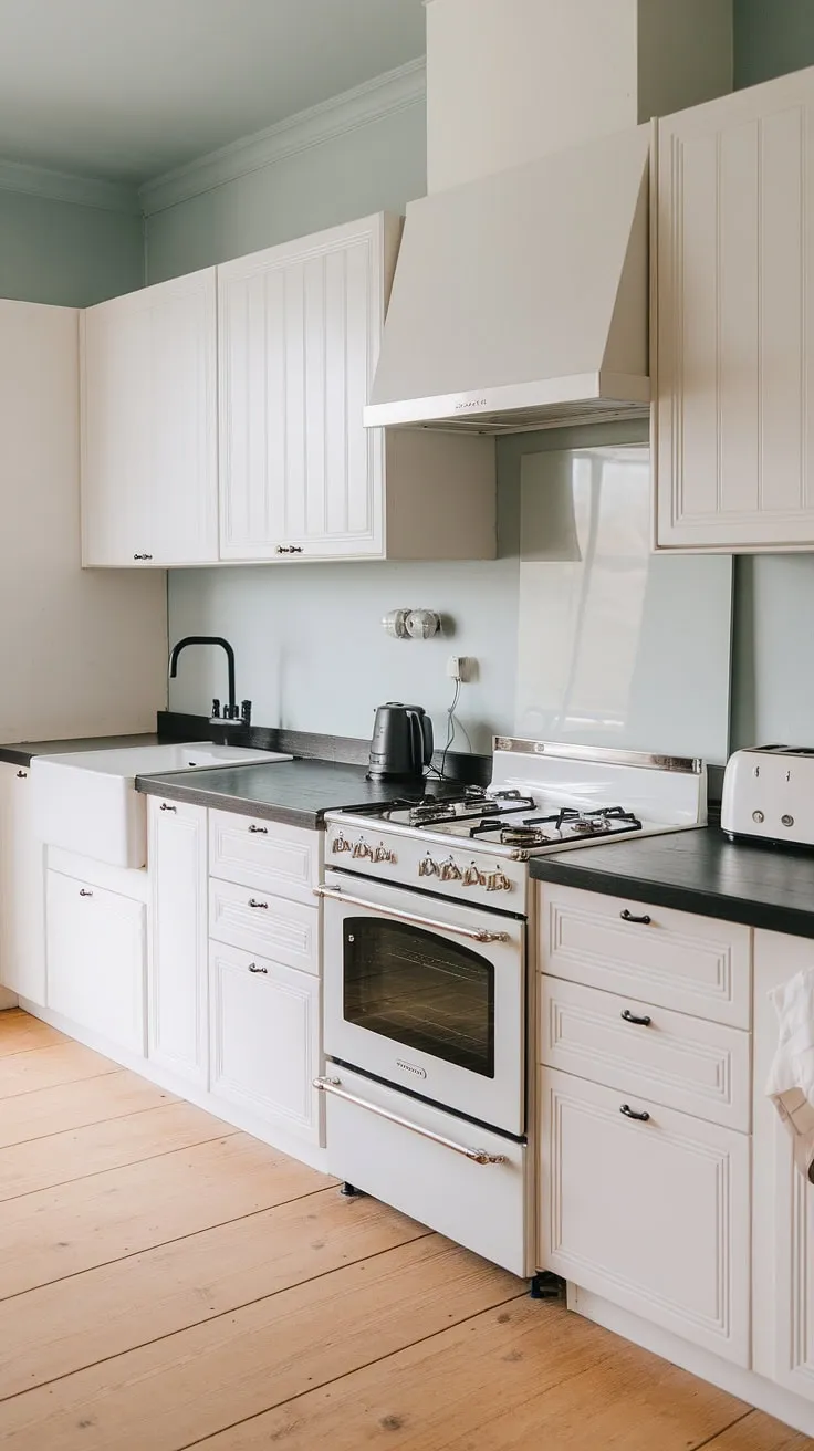 This minimalist Scandinavian kitchen is a dream. The sleek black accents against the white cabinets and light wood flooring create a sophisticated yet inviting space. Every detail, from the integrated appliances to the simple black kettle, speaks to a refined aesthetic.