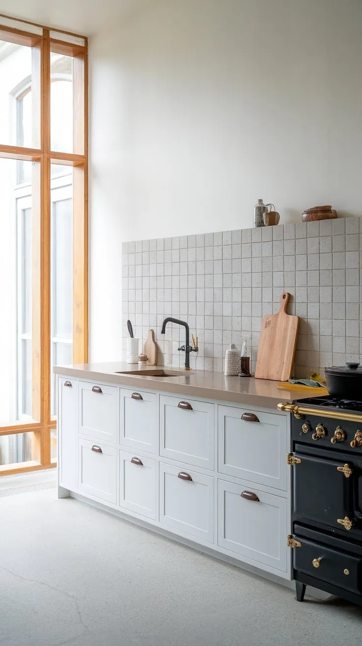 This modern Scandinavian kitchen is a dream. The combination of white cabinets, a grey backsplash, and beige countertops creates a calming atmosphere. The black stove with brass knobs and black sink with brass faucet add subtle pops of contrast. Natural light floods the space through the large window, highlighting the thoughtful details and creating the perfect setting for cooking and entertaining.