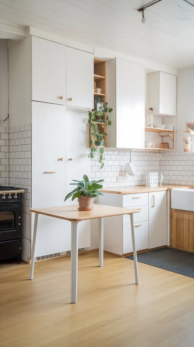 Sunlight streams into this airy Scandi-style kitchen, illuminating the light wood floors and white cabinets. A simple wooden table, adorned with a potted plant, anchors the space, creating a calm and functional heart of the home. The black stove provides a sophisticated contrast, while the white sink maintains the clean aesthetic. A sense of understated elegance pervades every detail.