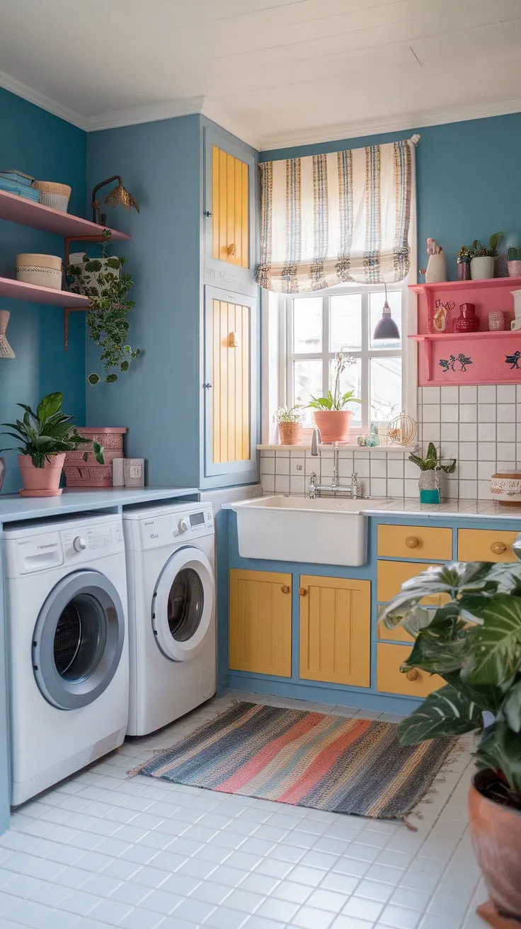 This happy little laundry room proves that even utilitarian spaces can be brimming with personality. The bold color palette-a delightful mix of blue, yellow, and pink-creates a joyful atmosphere, while the thoughtful addition of plants and a rug transforms it into a welcoming haven. A testament to the power of Scandinavian design.