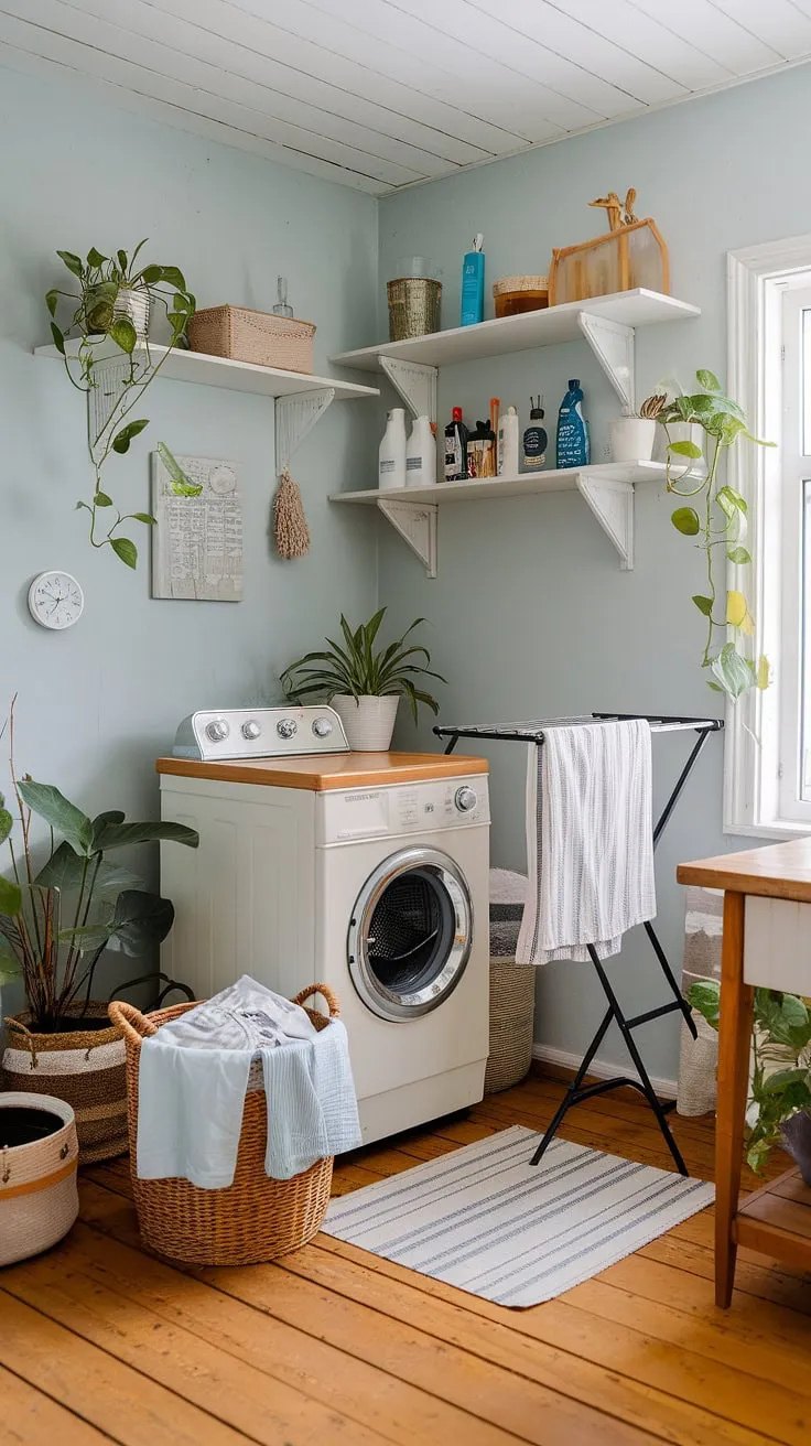 This light blue farmhouse laundry room, with its vintage washing machine and wooden floors, is the epitome of cozy Scandinavian style. The carefully curated shelves and potted plants add a touch of warmth and functionality, making even chores feel delightful. A perfect blend of practicality and charm.