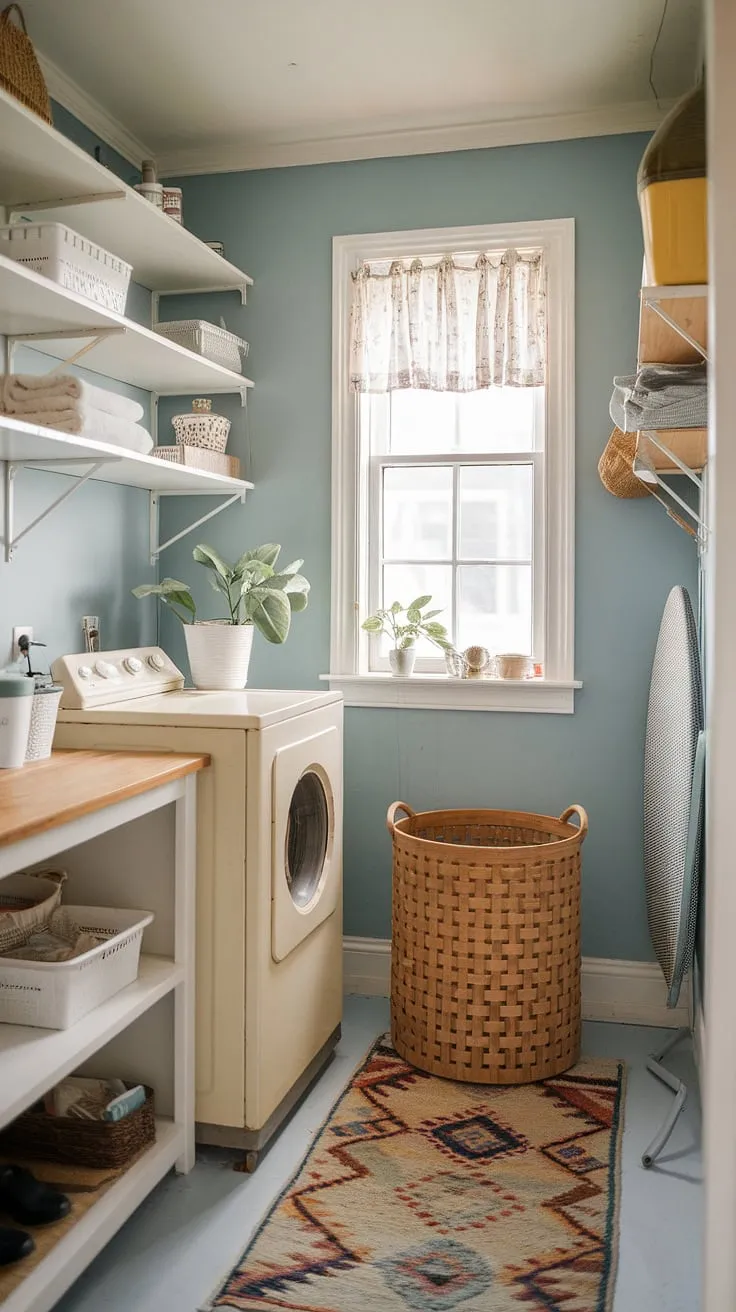 A haven of calm amidst the chaos: this petite laundry room is a testament to the beauty of simple living. The soft blue walls, white shelves, and vintage details create a cozy and vibrant atmosphere, proving that even a small space can be filled with character and charm. A true reflection of a thoughtfully curated home.