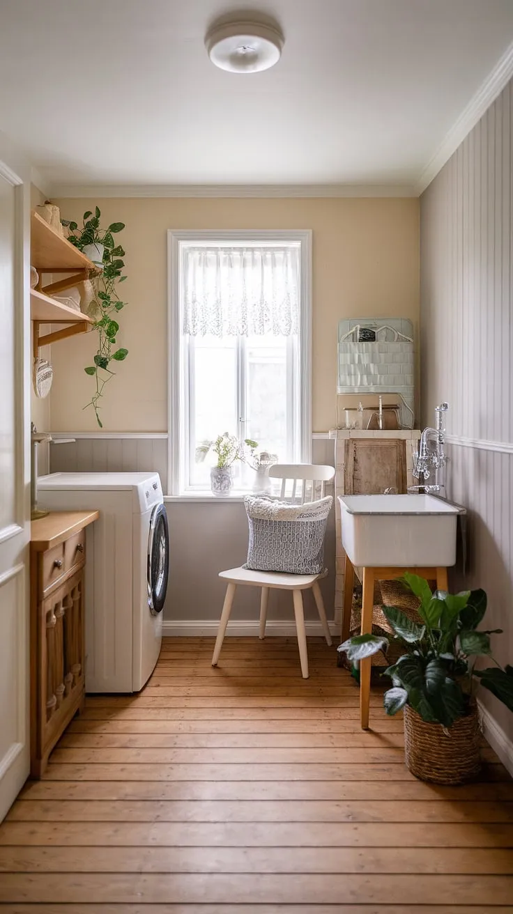 Rustic charm meets modern convenience in this Scandinavian-inspired laundry room. The vintage washing machine adds character, while the soft beige and grey tones create a calming atmosphere. A simple wooden cabinet with a sink provides ample workspace, and the addition of a plant and white chair brings a touch of farmhouse warmth. This space effortlessly blends functionality with style.