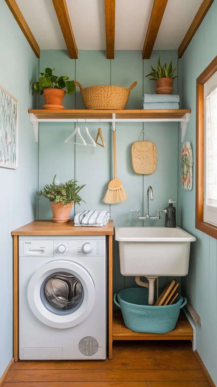 Sunlight streams into this charming Scandinavian laundry room, where practicality meets cottagecore charm. The soft blue walls, wooden beams, and vibrant pops of color create a space that's both functional and utterly delightful. A simple wooden shelf holds potted plants, a woven basket, and a broom, adding to the cozy, lived-in feel. This is where chores become a pleasure.