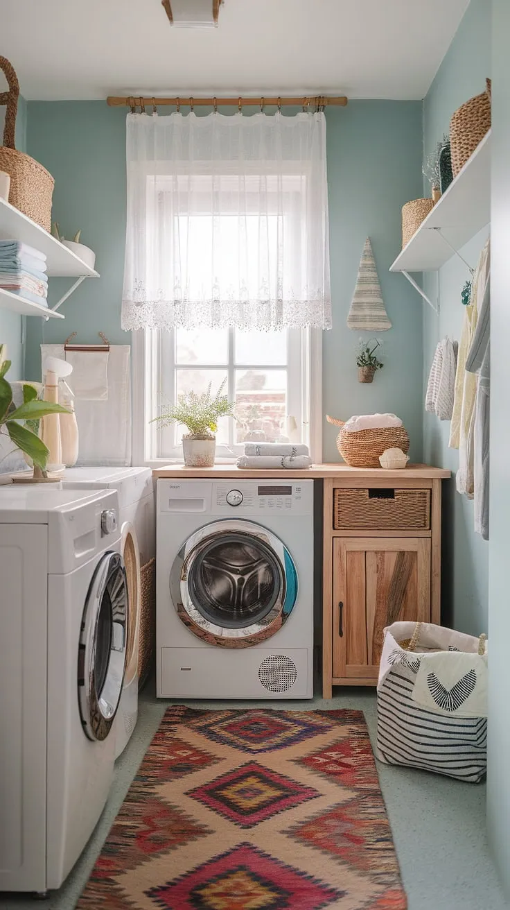 Cozy corners and calming colours: This Scandinavian-inspired laundry room, with its farmhouse charm and cottagecore details, proves that even utilitarian spaces can be havens of style. The soft blue walls, patterned rug, and wooden accents create a space that's both functional and aesthetically pleasing. A perfect blend of practicality and pretty.