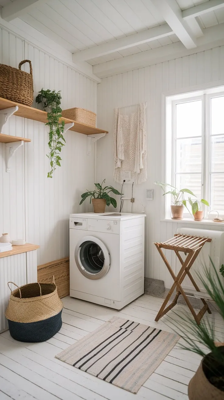 Sunlight streams through the window, illuminating the charming details of this Scandinavian-style laundry room. The vintage washing machine hums quietly, a comforting rhythm in this space where practicality meets rustic charm. A wooden drying rack, potted plants, and woven baskets add warmth and texture, creating a haven of calm amidst the daily chores. This is where functionality and beauty seamlessly blend.