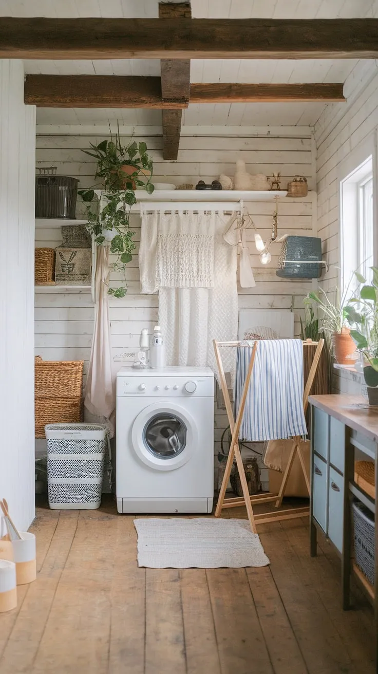 Rustic charm meets modern function in this Scandinavian-style farmhouse laundry room. The vintage washing machine adds character, while the wooden walls and floors create a warm and inviting atmosphere. A touch of greenery and carefully chosen décor complete the space, making even chores feel delightful.