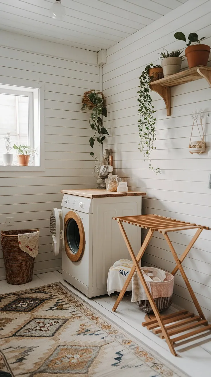Sunlight streams through the small window, illuminating the charming details of this Scandinavian farmhouse laundry room. A vintage wooden washing machine sits proudly beside a rustic drying rack, while potted plants add a touch of life to the whitewashed walls. The patterned rug underfoot and scattered laundry items create a sense of lived-in warmth and cozy functionality. A perfect blend of old-world charm and modern practicality.