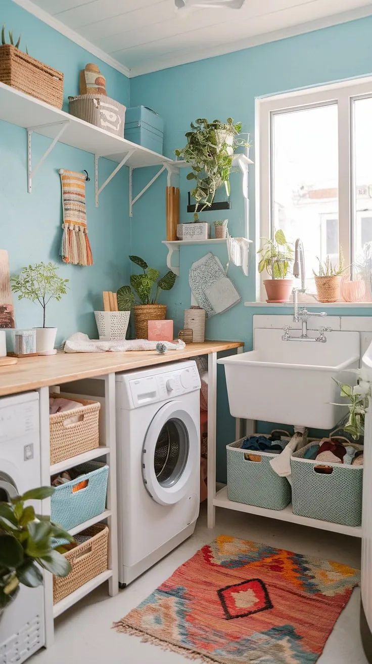 This tiny but mighty laundry room proves that functionality and style can coexist beautifully. The bright blue walls, whimsical plants, and cozy rug create a space that's as inviting as it is efficient. A testament to the power of thoughtful design in even the smallest of spaces.