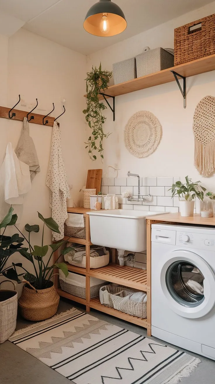 Cozy Scandinavian laundry room, where practicality meets charm. The warm lighting, wooden shelves, and lush greenery create a space that's as inviting as it is functional. A perfect blend of farmhouse and cottagecore aesthetics.
