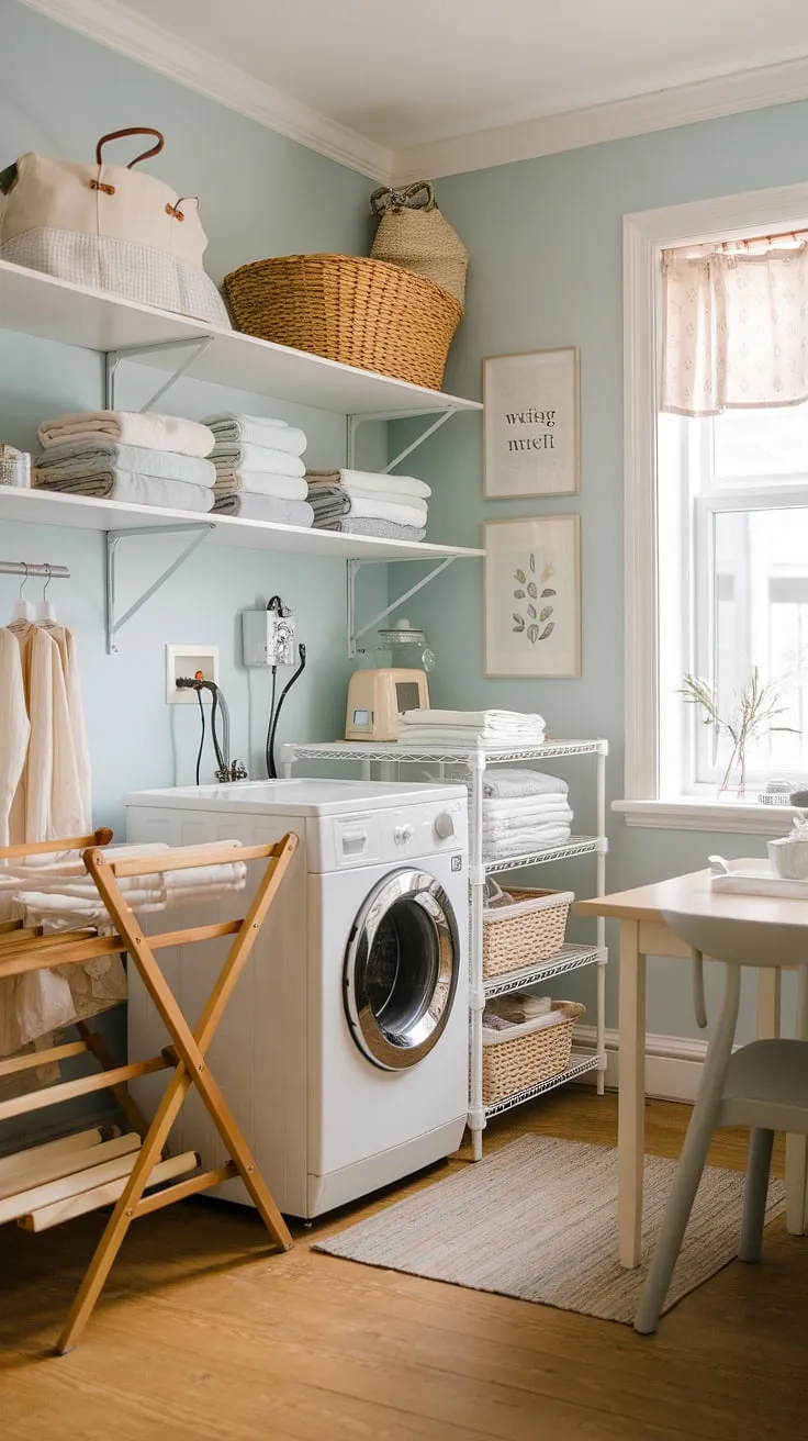This cozy cottagecore laundry room is a haven of serenity. The soft blue walls, wooden floors, and vintage washing machine create a space that's both functional and aesthetically pleasing. Neatly folded laundry and a rustic drying rack complete the picture of idyllic domesticity. A perfect blend of practicality and charm.