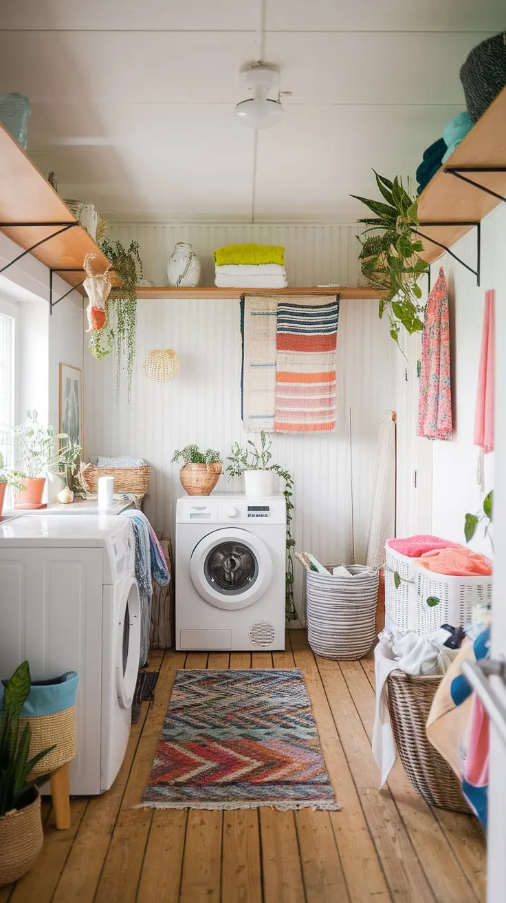 Rustic charm meets modern convenience in this Scandinavian-inspired laundry room. Warm wood tones, vibrant textiles, and lush greenery create a space that's as functional as it is beautiful. The carefully curated details, from the woven baskets to the thoughtfully placed plants, transform a utilitarian space into a haven of calm. A perfect blend of form and function, this room proves that even laundry day can be delightful.