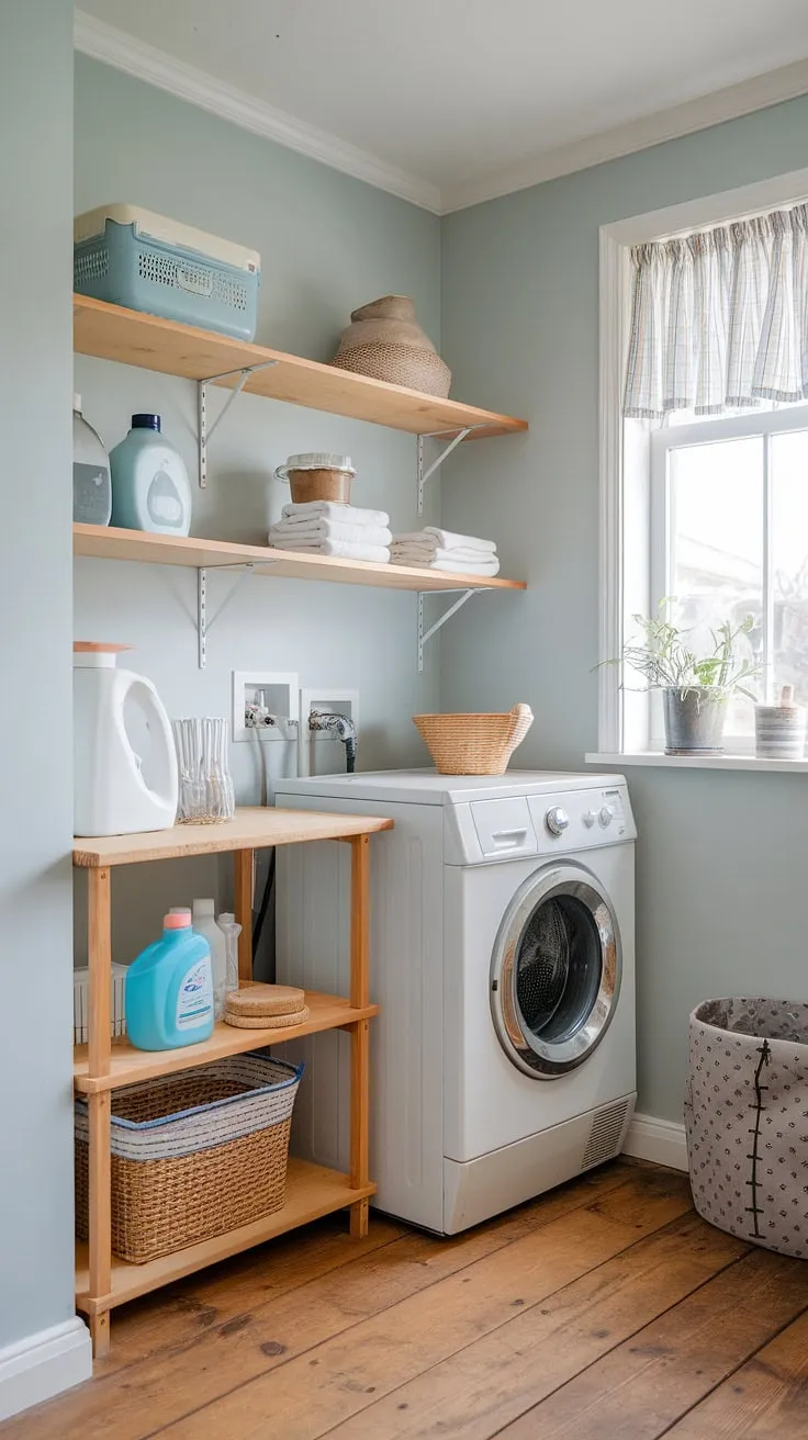 This little corner of calm is where laundry day becomes a moment of peaceful productivity. The pale blue walls, wooden floors, and vintage details create a space that's both functional and utterly delightful. A testament to the beauty of simple living and mindful cleaning.