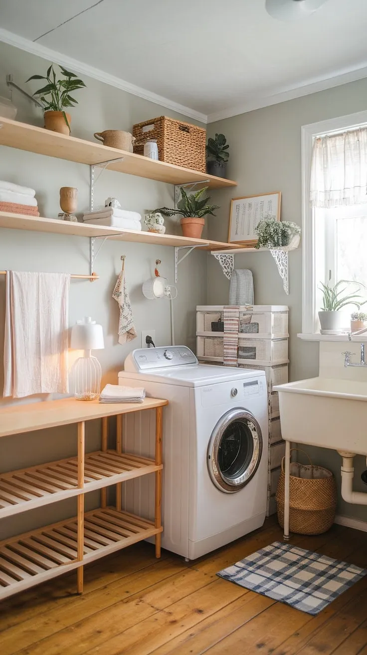 A little slice of cottagecore in the heart of the home. This charming laundry room seamlessly blends farmhouse and Scandinavian aesthetics, creating a space that's both functional and utterly delightful. The vintage details, natural light, and thoughtful touches like the drying rack and potted plants transform a typically mundane room into a space brimming with warmth and character.